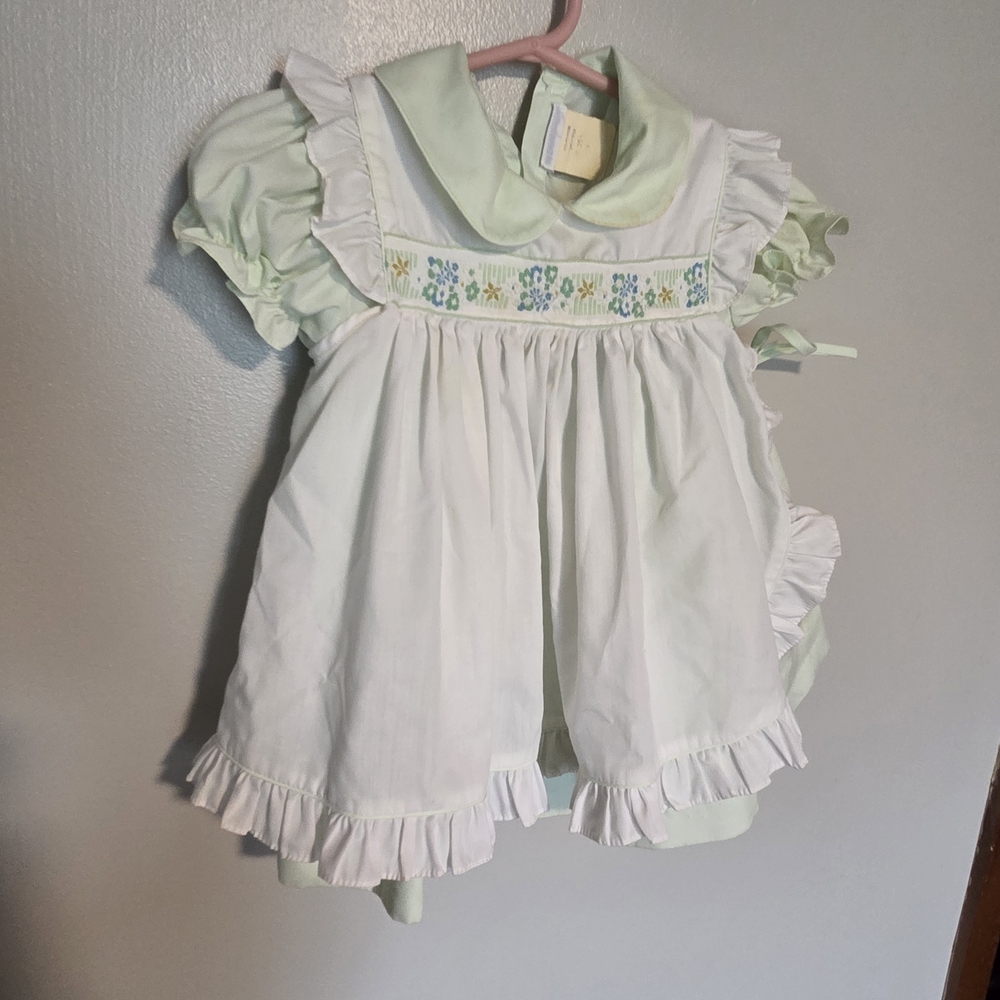 Vintage C.I. Castro White and Green Smocked Baby Dress